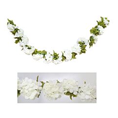 Keinotekoinen kukkaköynös, valkoiset hortensia-silkkikukat.

