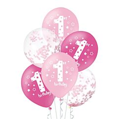 Ballongbukett - 1st Birthday, Rosa, 6-pack