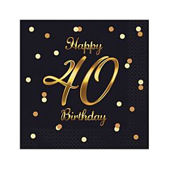 Servetter - 40th Birthday, Svart-guld, 20-pack