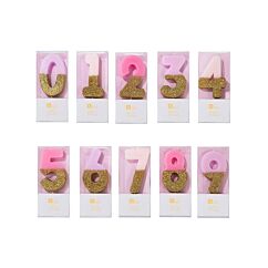 Upea vaaleanpunainen numero-kakkukynttilä kultaglitterillä.