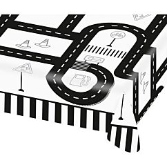 Auto-aiheinen paperinen pöytäliina liikennetien-kuviolla.