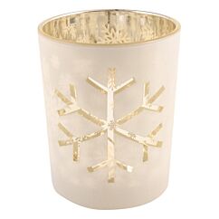 Valkoinen/samppanja-kullanvärinen lasinen kynttilälyhty lumihiutaleella.