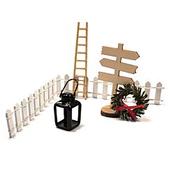 Miniatyr-set - Lykta, stege, skylt, staket, julkrans