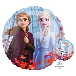 Kaksipuolinen Frozen foliopallo: Elsa ja Anna, ja toisella puolella Olaf.