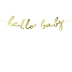 Kultainen banneri tekstillä "hello baby".