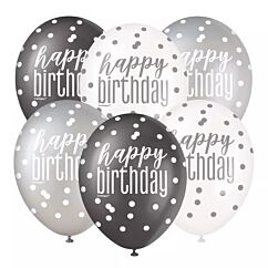 Ballonger - Happy Birthday, Grå Mix, 6-pack