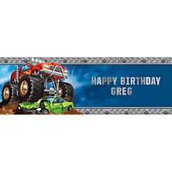 Iso banneri Monster truck kuvalla. Mukana kirjaintarrat (A-Z) joilla voit kirjoittaa synttäriasankarin nimen