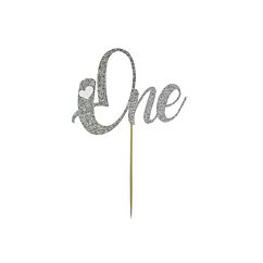Cake topper med texten "One" och silverfärgat glitter.