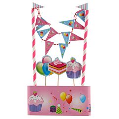 Vaaleanpunainen kakkukoristesetti, viiri ja koristetikut.
