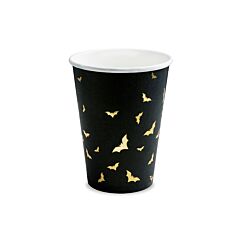 Mustat kertakäyttömukit kultaisilla lepakoilla, 6 kpl. Halloween.