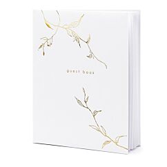 Kaunis valkoinen vieraskirja kultaisella tekstillä.