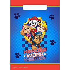 Ryhmä Hau (Paw Patrol) -aiheiset muoviset kaverilahjapussit; Vainu, Samppa, Kaja ja Rollen kuvalla.