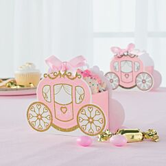 Vaaleanpunaiset prinsessa-vaunu lahjarasiat kultaglitterillä.