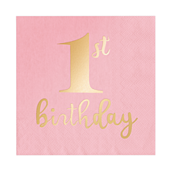 Vaaleanpunaiset lautasliinat kultaisella foliotekstillä "1st birthday", 10 kpl.