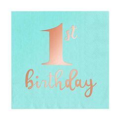 Vaaleansiniset lautasliinat kultaisella foliotekstillä "1st birthday".