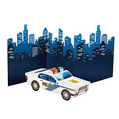 Poliisi-aiheinen pöytäkoriste, poliisiauto ja kaupunkikuva. Poliisi-teemajuhlat.