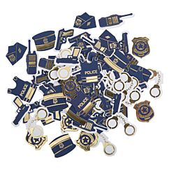 Poliisi aiheiset pöytäkonfetit, mariininsiniset kultametallic yksityiskohdilla.