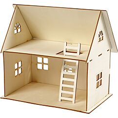 Pieni kaksikerroksinen puinen talo miniatyyrimaailmaan tai tonttumaailmaan