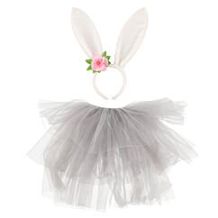 Suloinen pupu-asuste. Harmaa tyllihame valkoisella hännällä. Hiuspanta pupun korvilla ja kukkakoristeella.