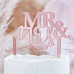Akryylinen ruusukultainen hääkakkukoriste "Mr & Mrs".