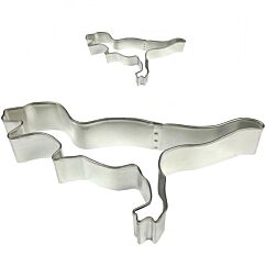 Iso ja pieni dinosaurus-muotti pikkuleipien, pipareiden tai koristeiden tekoon.