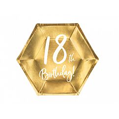 Kultaiset pahvilautaset, 18th Birthday, 20cm, 6kpl