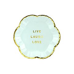 Vaaleansiniset pienet pahvilautaset. Yksi pakkaus sisältää 6 kpl lautasta joiden halkaisija on 13 cm.