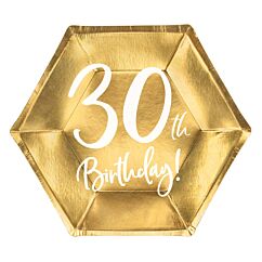 Kultaiset jälkiruokalautaset 30-vuotisjuhliin, tekstillä "30th Birthday!"