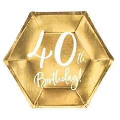 Kultaiset jälkiruokalautaset 40-vuotisjuhliin, tekstillä "40th Birthday!"