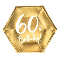 Kultaiset pahvilautaset, 60th Birthday, 17cm, 6kpl. 60-v juhlat
