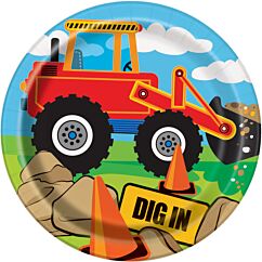 Työmaa-aiheiset pienet pahvilautaset työkoneella, 17 cm , 8 kpl.