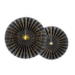 Mustat koristeviuhkat joilla on kullanväriset hämähäkinverkon kuviot, 2 kpl. Halloween.