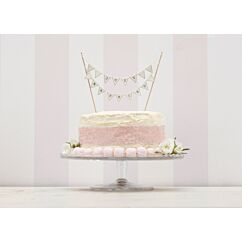 Hääkakkukoriste, kermanvärinen kakkuviiri tekstillä "Just Married".