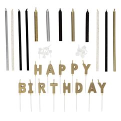 Tårtljus - Happy Birthday, Svart/guld, 25 delar