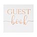Valkoinen vieraskirja ruusukultaisella tekstillä "Guest Book".