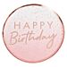 Isot vaaleanpunaiset kertakäyttölautaset ruusukultaisella tekstillä "Happy Birthday", 8 kpl.