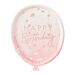 Isot ilmapallonmuotoiset  vaaleanpunaiset kertakäyttölautaset ruusukultaisella tekstillä "Happy Birthday", 8 kpl.