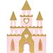 Vaaleanpunainen kartonkinen prinsessalinna kultaglitterillä.